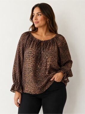 INC International Concepts Leopard Print Peasant Blouse 100% silk Plus size
